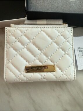 NWT Kurt Geiger White Quilted Leather Compact Wallet with Gold Plaque